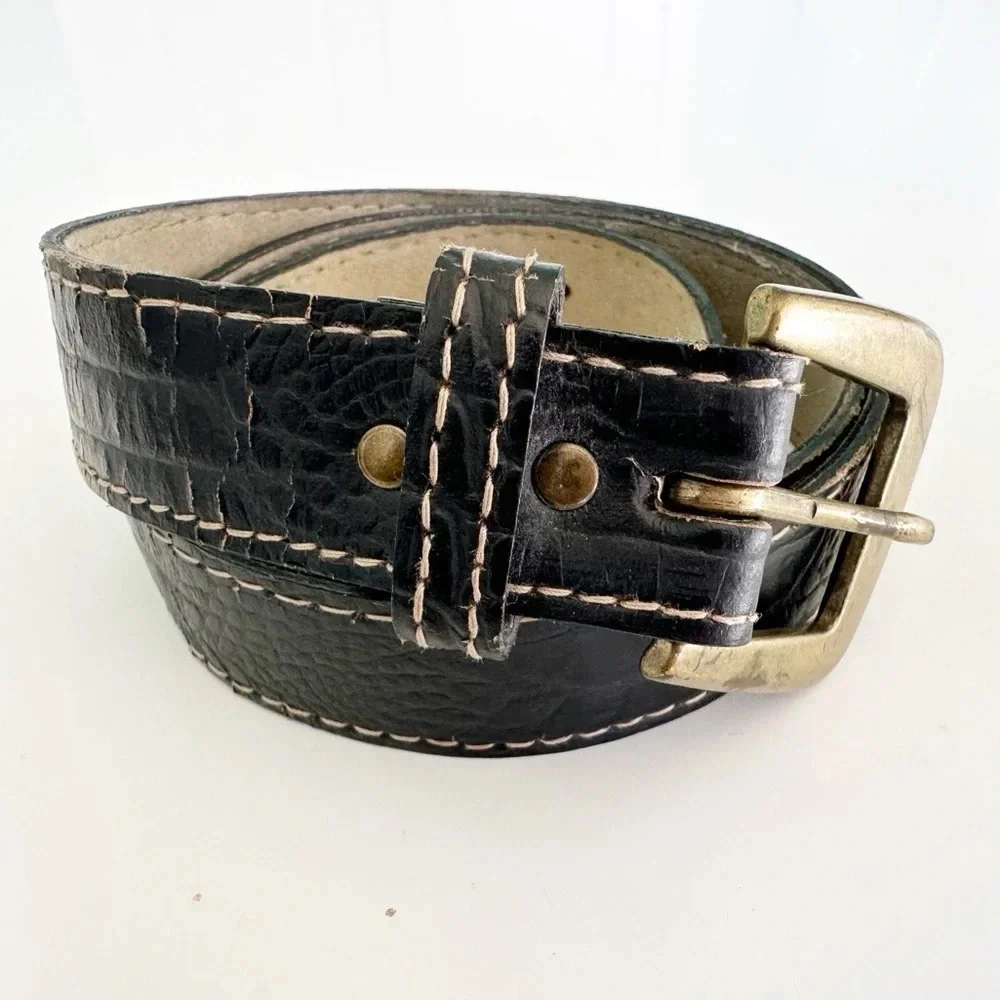 Vintage Black Belt with Gold/Brass Buckle, Crocodile/Alligator embossed size 31
